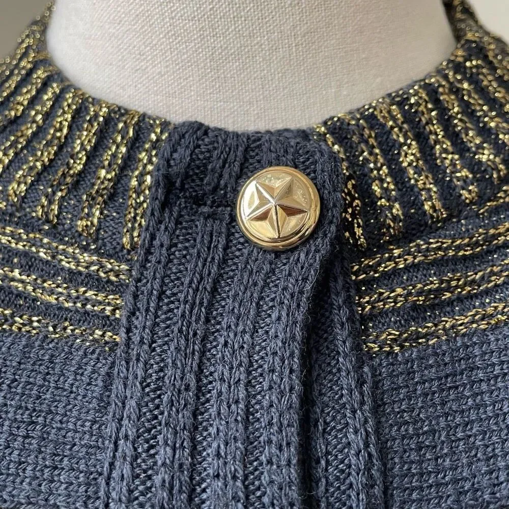Barra of Italy Wool Blend Navy Blue Metallic Gold Military Style Button Cardigan